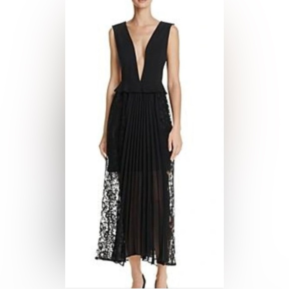 FRENCH CONNECTION ANGELINA DEEP-V PLEATED LACE AND JERSEY BLACK MAXI SEXY DESS - Picture 2 of 9